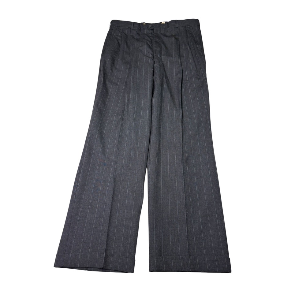 VTG Lands End Mens 100% Wool Pinstripe Pleated Cuffed Trousers Gray 38X32 USA
